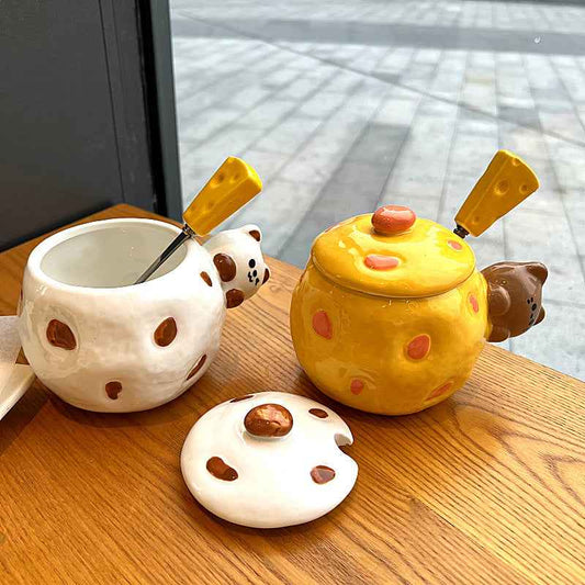 Hand-Painted Ceramic Couple Coffee Mug — 400ml Gift Cup with Lid & Spoon - Twissie