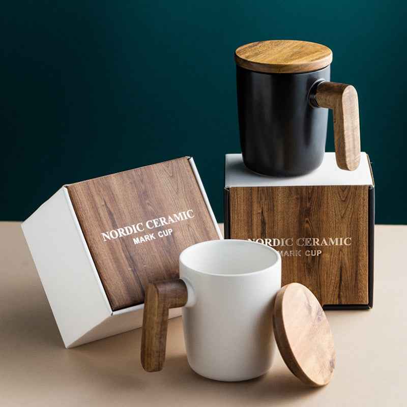 “Premium handcrafted ceramic mug – durable stoneware coffee cup with ergonomic wood handle”
