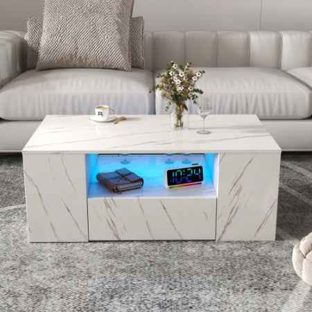 Modern Coffee Tables For Living Room, LED Coffee Table, Storage Coffee Table, Small Coffee Table, Wood Center Table With 2 Drawers And Open Side Shelf - Twissie