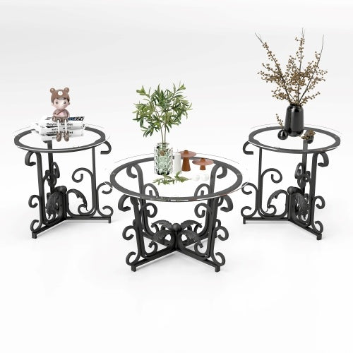 3 Piece Tempered Glass Surface Coffee Table Set Decor Coffee Table - Twissie