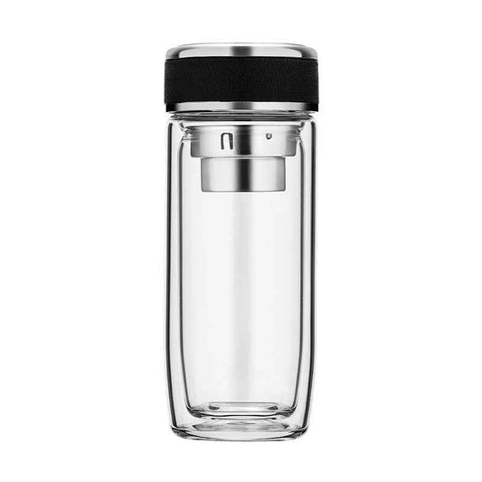 Elegant transparent glass tumbler showing double wall construction for thermal insulation