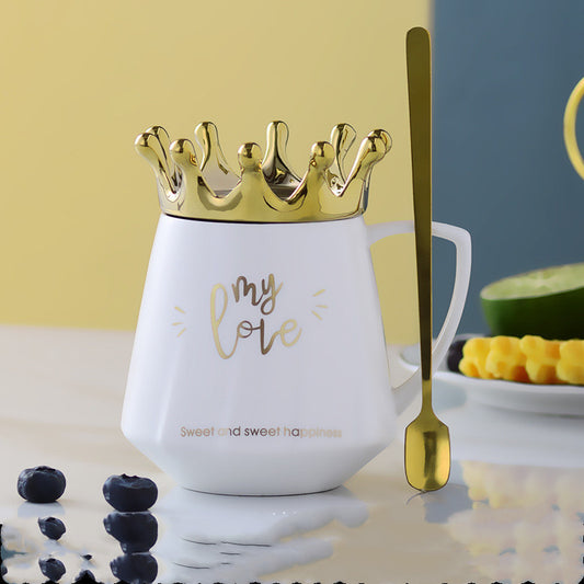 White Crown couple coffee mug set with lids - light luxury ceramic gift