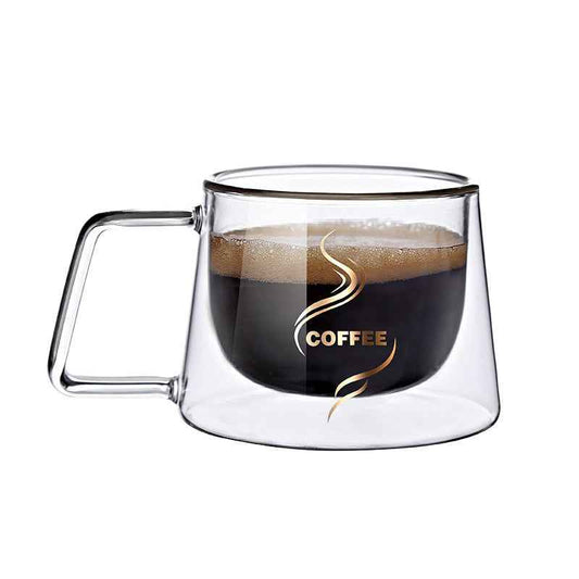 Modern square glass coffee mug with double walls to keep drinks hot and hands cool