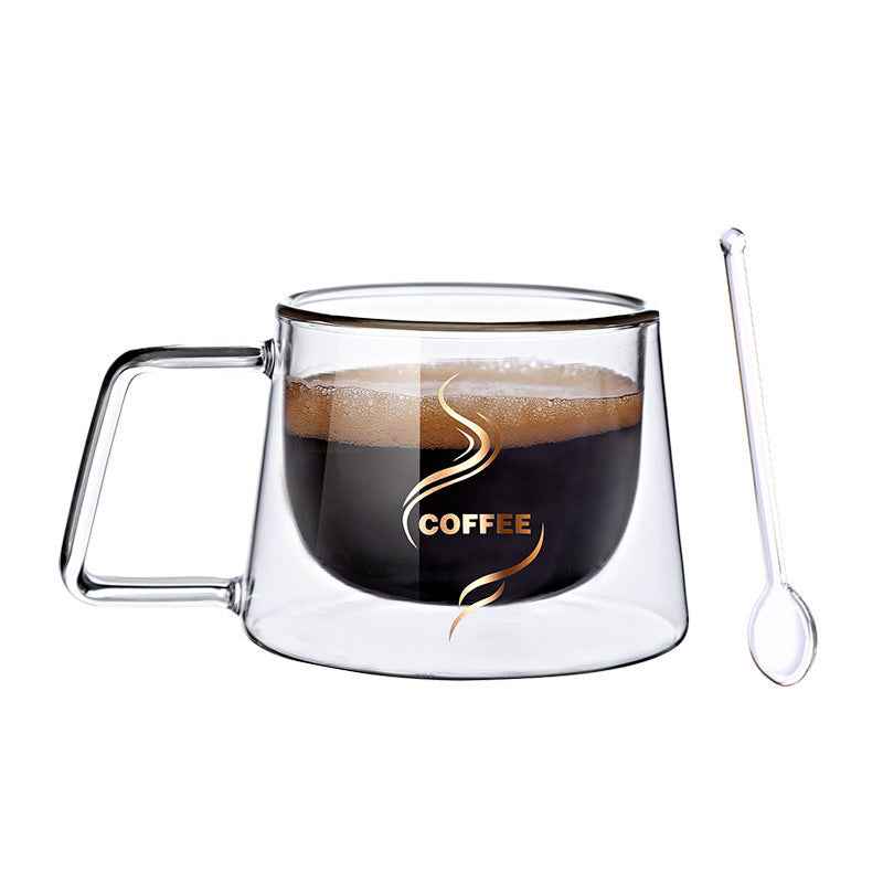Elegant square design of a clear double wall glass coffee cup, showing its modern aesthetic