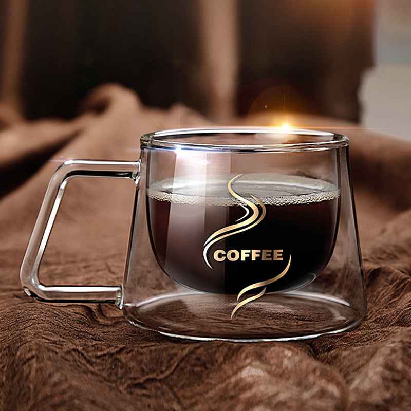 Double Wall Glass Coffee Mug - Creative Borosilicate Glass Cup with Handle, Square Modern Design