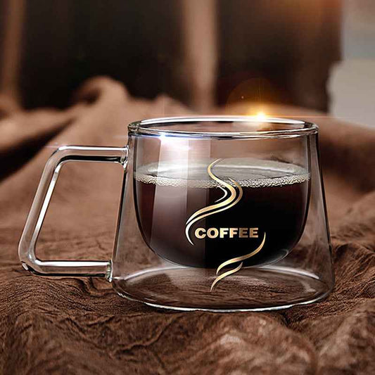 Double Wall Glass Coffee Mug - Creative Borosilicate Glass Cup with Handle, Square Modern Design