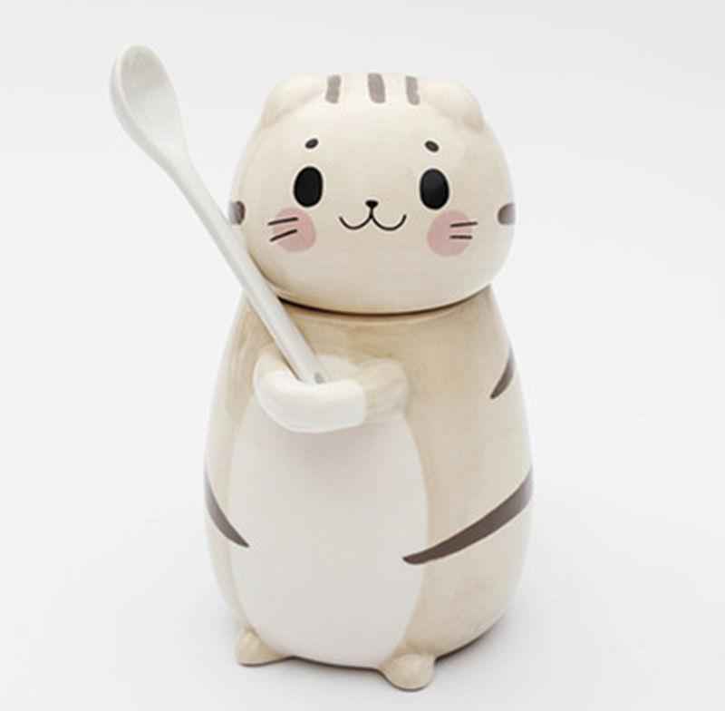Japanese-style kawaii cat mug with spoon - artistic ceramic drinkware collection