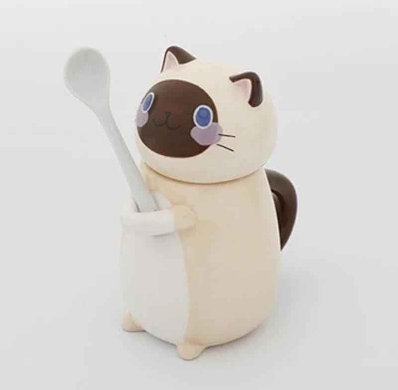 Collectible cat mug with spoon - hand-painted ceramic novelty gift idea