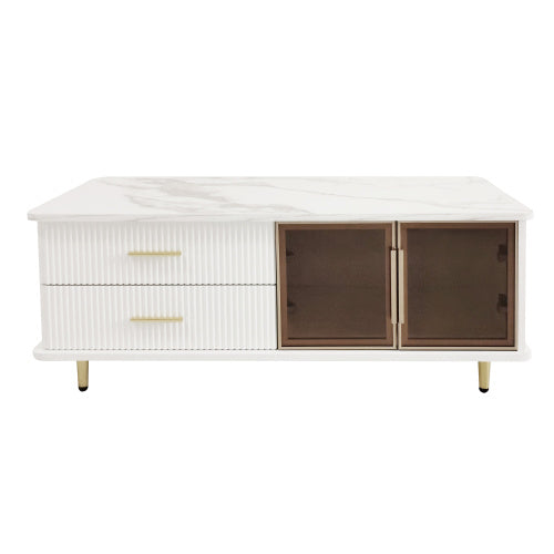 Scandinavian style white coffee table with marble top and soft glow LED lights