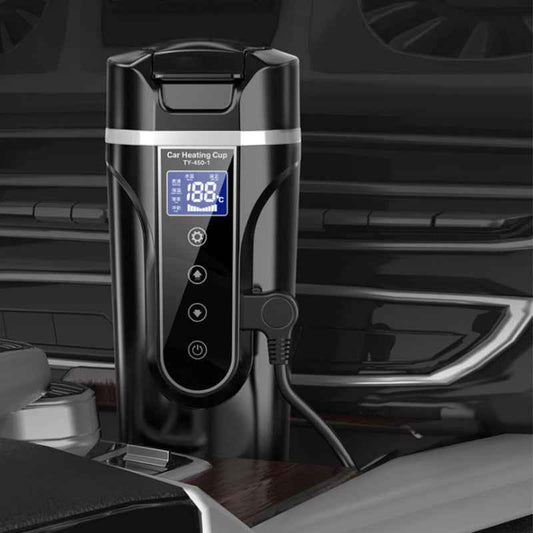 “Portable electric car kettle – 400ml heated cup with 12V power for coffee, tea, and hot beverages”