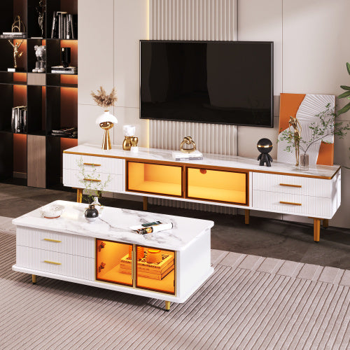 Stylish white coffee table with genuine marble top and ambient LED light features