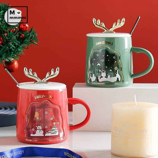 Christmas mug with spoon gift set - Merry Christmas ceramic coffee cup
