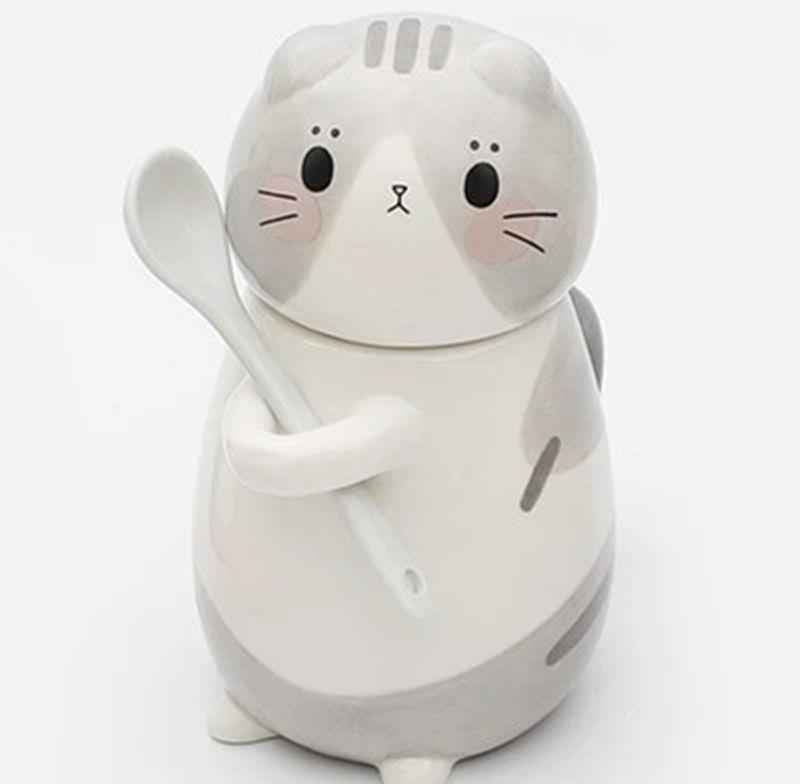 Artisanal cat ceramics - unique painted mug with spoon gift set for women