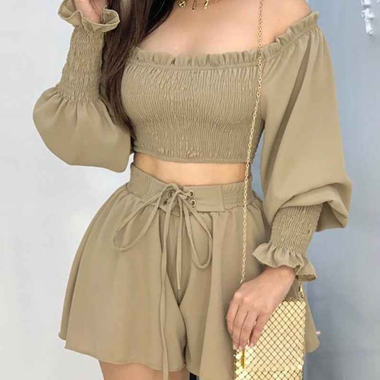 Women’s coffee colour pleated strap suit set – buy elegant 2-piece suit for women