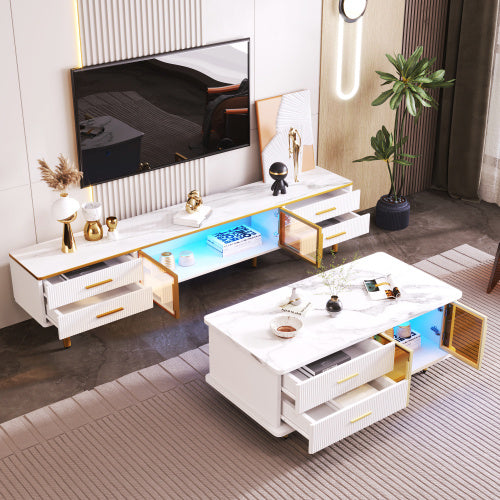 Buy modern LED coffee table with white marble top and spacious storage drawer