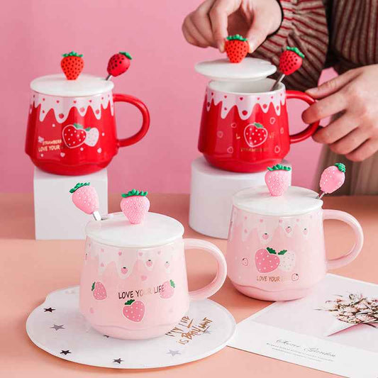 Strawberry Bliss 3-in-1 Ceramic Mug with Lid and Spoon | 350ml All-in-One Cup - Twissie