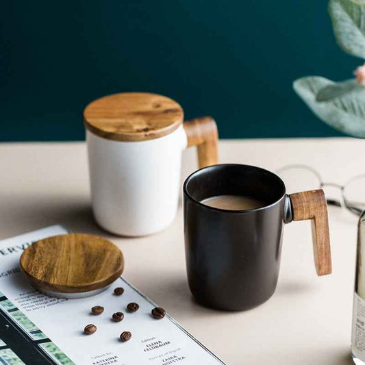 “Buy ceramic mug with wood handle – handcrafted acacia wood and stoneware coffee cup for home use”