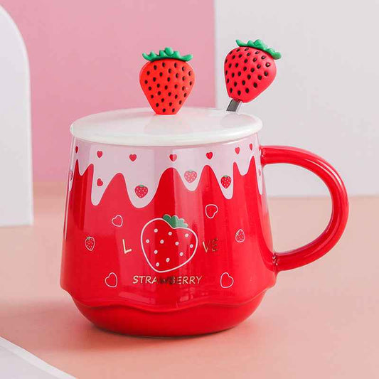 Strawberry Bliss 3-in-1 Ceramic Mug with Lid and Spoon | 350ml All-in-One Cup - Twissie