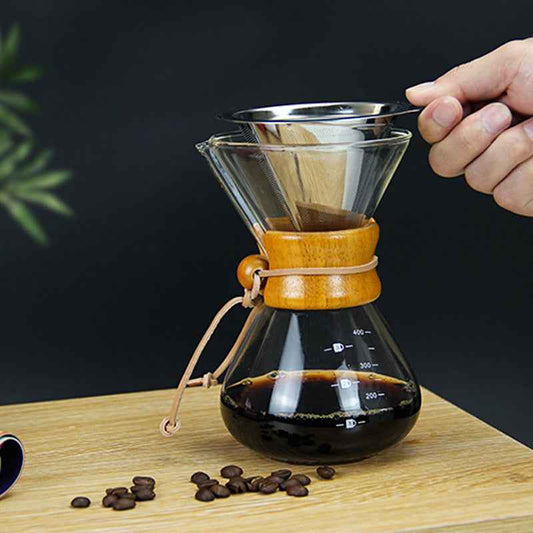 “Buy pour over coffee dripper – handmade borosilicate glass brewer with wood handle for home barista”