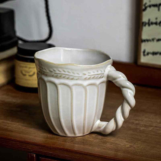 Embossed Coffee Mug – French Ceramic with Twist Handle - Twissie