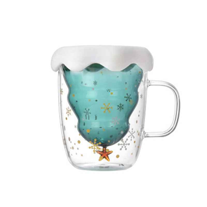 Double Heat Resistant Glass Coffee Cup Christmas Tree With Handle And Lid Milk Water Cup Cute Household Breakfast Whiskey Mug - Twissie
