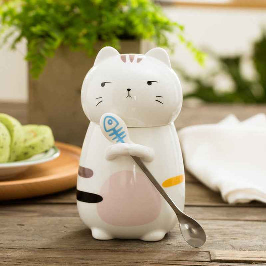 Hand-painted cute cat coffee mug with spoon made from premium bone china