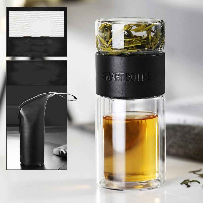 “Built-in stainless steel strainer and lid – premium borosilicate double wall glass tea infuser cup”