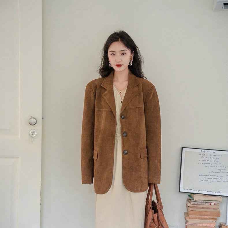 Dark Brown Vintage Coffee Suede Blazer – Japanese & Korean Casual Harajuku Style with Embroidery - Twissie
