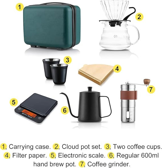 Portable Hand Coffee Maker Kit — 5-Piece Travel Pour-Over V60 Set with Grinder & Kettle