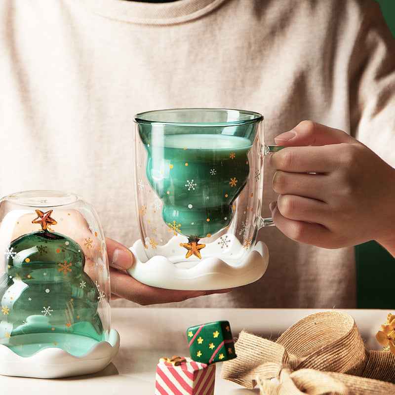 Double Heat Resistant Glass Coffee Cup Christmas Tree With Handle And Lid Milk Water Cup Cute Household Breakfast Whiskey Mug - Twissie