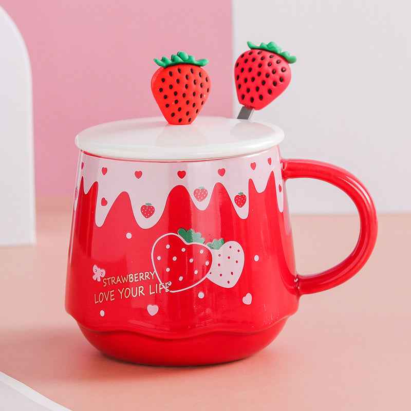 Strawberry Bliss 3-in-1 Ceramic Mug with Lid and Spoon | 350ml All-in-One Cup - Twissie