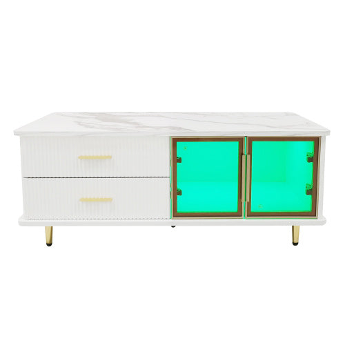 Luxury modern coffee table with marble surface and touch-activated LED storage