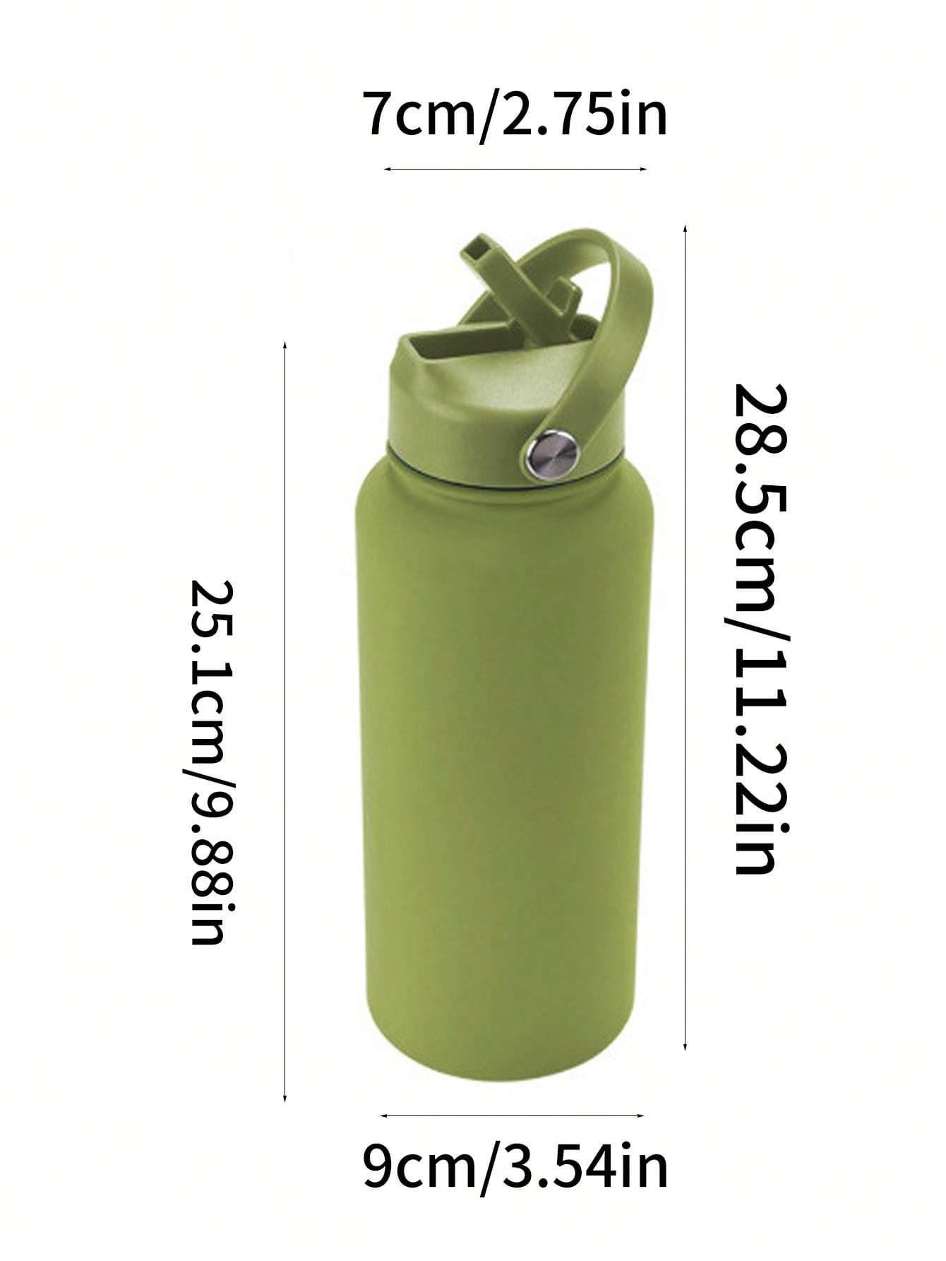 All components of the sports water bottle: stainless steel body, straw lid, wide mouth lid, and carry handle