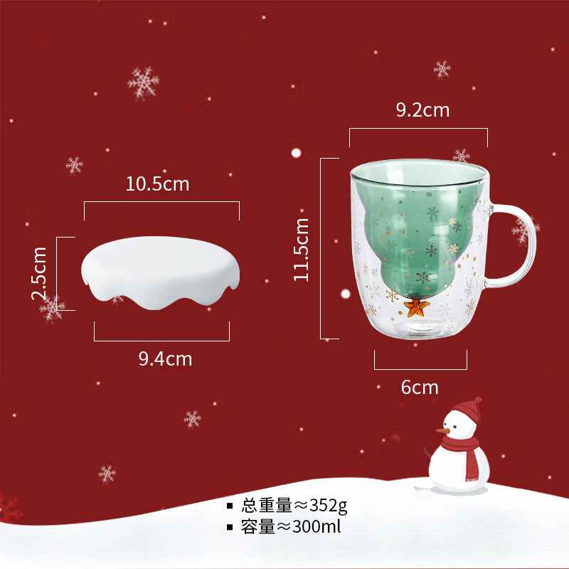 Double Heat Resistant Glass Coffee Cup Christmas Tree With Handle And Lid Milk Water Cup Cute Household Breakfast Whiskey Mug - Twissie