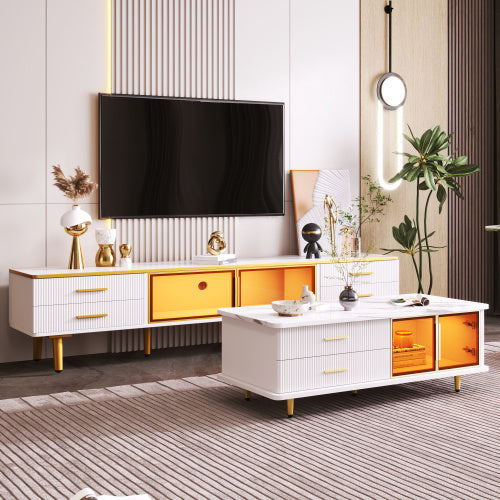 Multi-functional LED coffee table with white marble top and hidden storage space