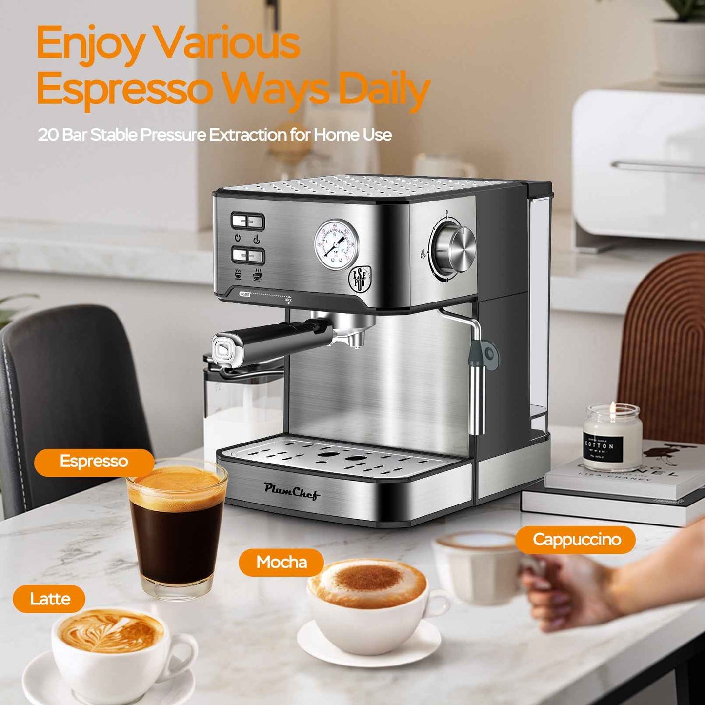 Commercial 20-bar pump system - Ideal pressure for perfect espresso extraction - Professional results that rival coffee shops