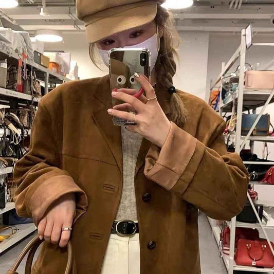 Dark Brown Vintage Coffee Suede Blazer – Japanese & Korean Casual Harajuku Style with Embroidery - Twissie