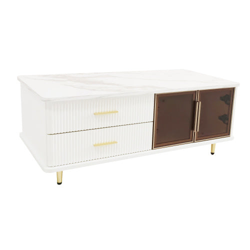 Scandinavian style white coffee table with marble top and soft glow LED lights