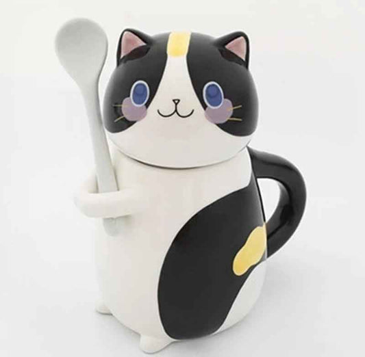 Hand-painted cat coffee mug with spoon - ceramic novelty drinkware for tea and milk