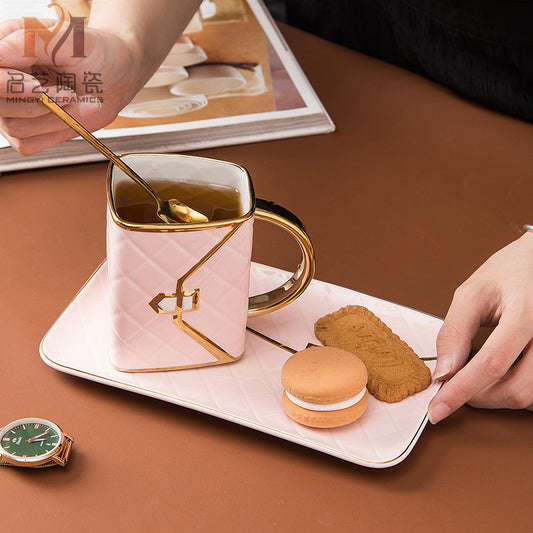 Bag-Shaped Ceramic Coffee Cup Set — 310ml Dessert Mug with Saucer - Twissie