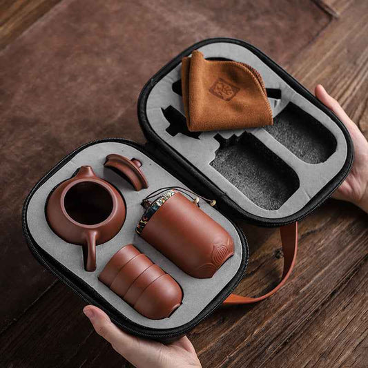 “Buy travel tea set – portable Yixing purple clay 10-piece tea set with elegant carrying case”