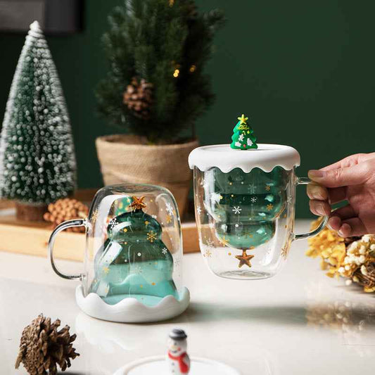 Double Heat Resistant Glass Coffee Cup Christmas Tree With Handle And Lid Milk Water Cup Cute Household Breakfast Whiskey Mug - Twissie