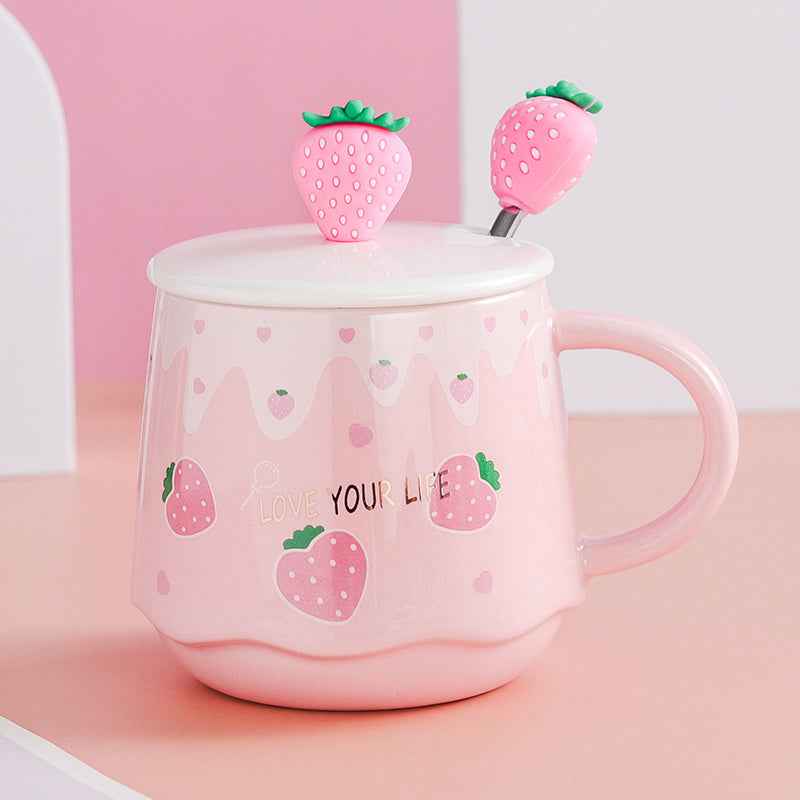 Strawberry Bliss 3-in-1 Ceramic Mug with Lid and Spoon | 350ml All-in-One Cup - Twissie