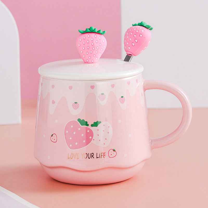 Strawberry Bliss 3-in-1 Ceramic Mug with Lid and Spoon | 350ml All-in-One Cup - Twissie