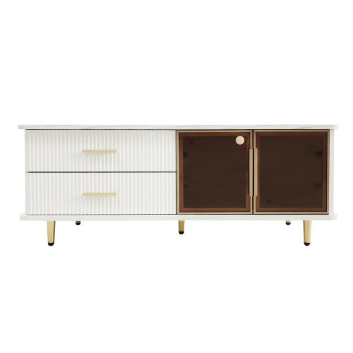 Storage coffee table with white marble top and energy-efficient LED lighting