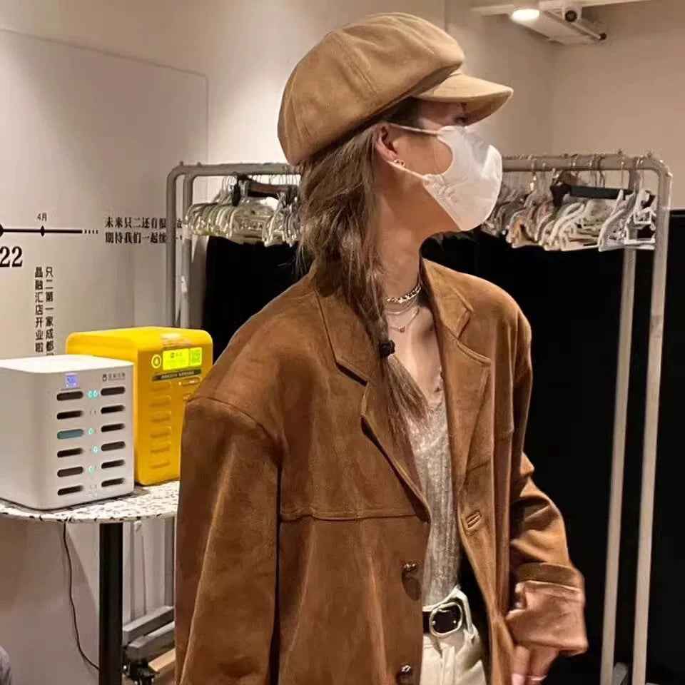 Dark Brown Vintage Coffee Suede Blazer – Japanese & Korean Casual Harajuku Style with Embroidery - Twissie