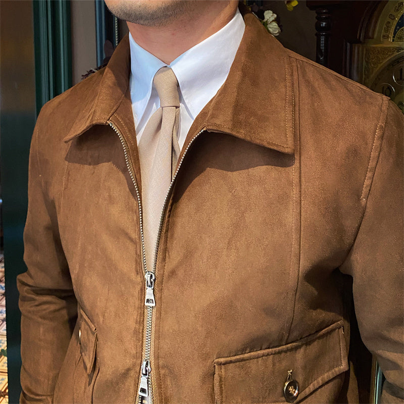 Suede Coffee Bomber Jacket For Man - Twissie