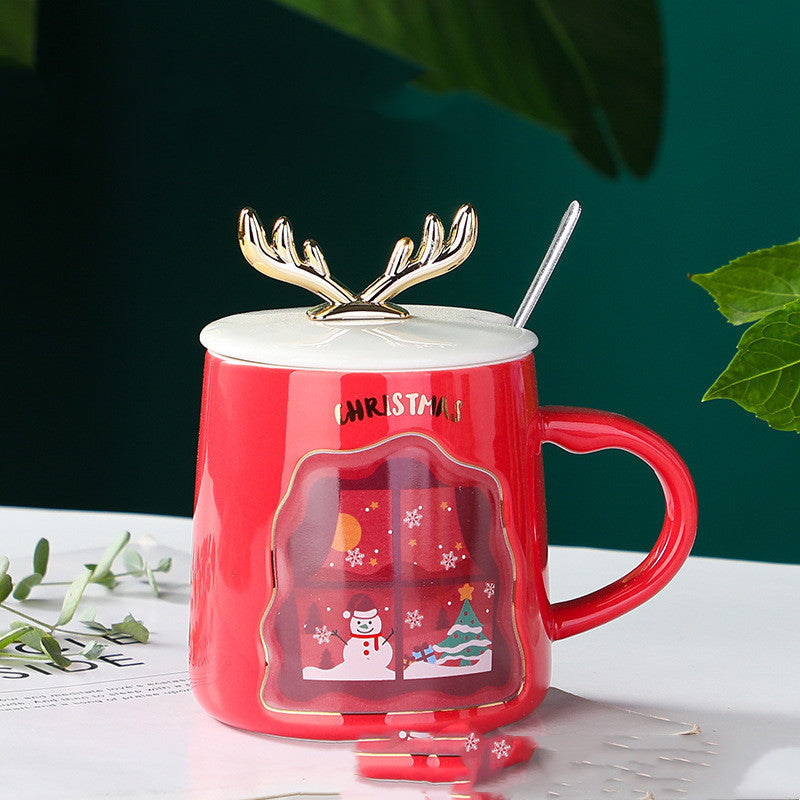 Ceramic Christmas cup and spoon set - Merry Xmas drinkware for hot chocolate