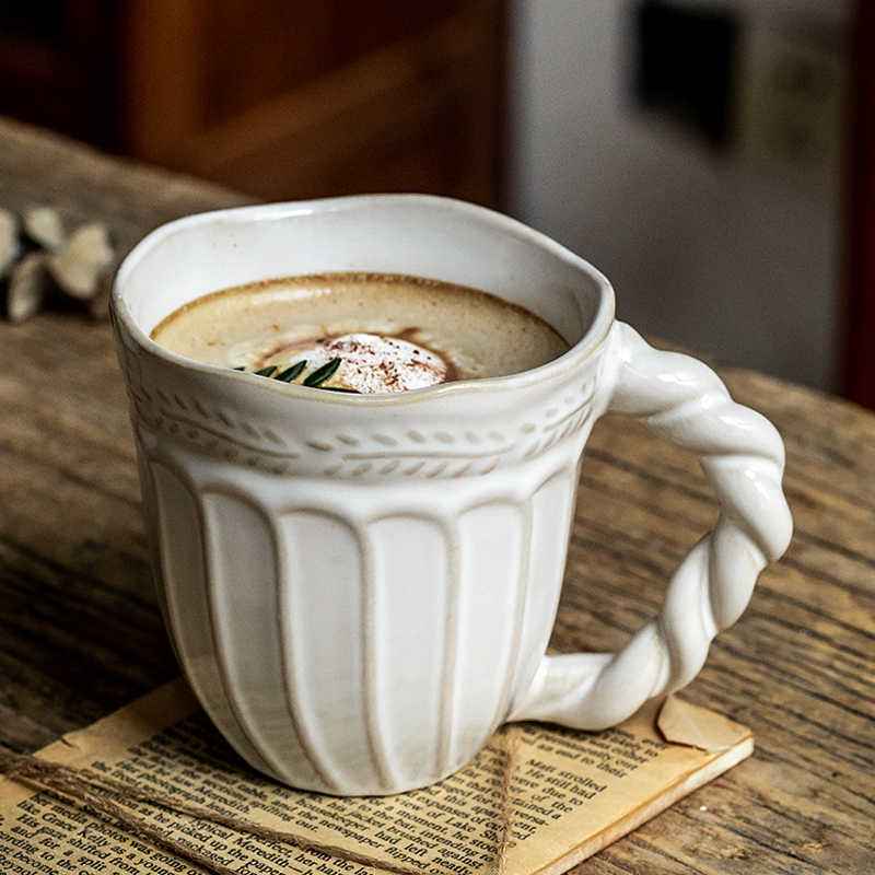 Embossed Coffee Mug – French Ceramic with Twist Handle - Twissie