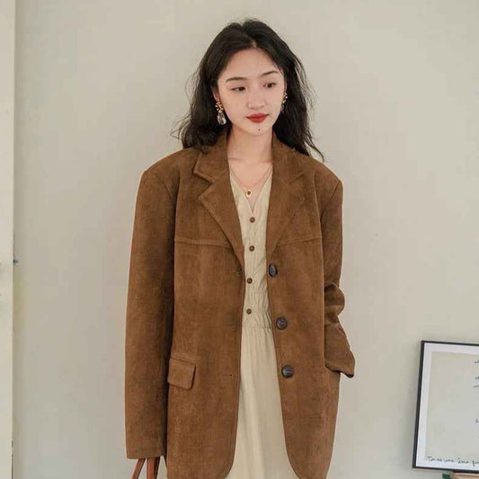 Dark Brown Vintage Coffee Suede Blazer – Japanese & Korean Casual Harajuku Style with Embroidery - Twissie